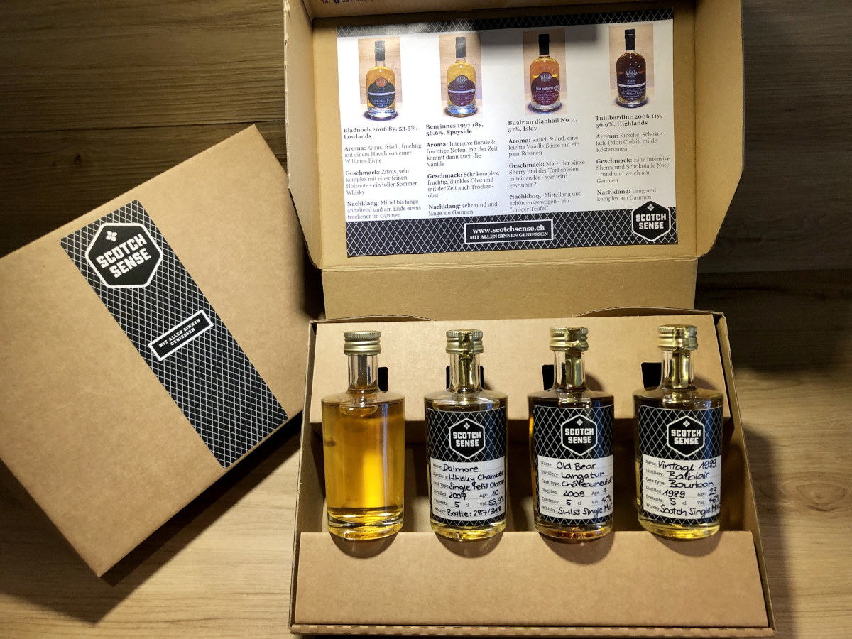 Persönliches <br> Whisky Tasting Set <br> nur Verpackung (für 4x5cl Probierfl.) 1 Persönliches Whisky Tasting Set, Scotch Sense. Whisky Tastingset zusammenstellen, Geschenkset