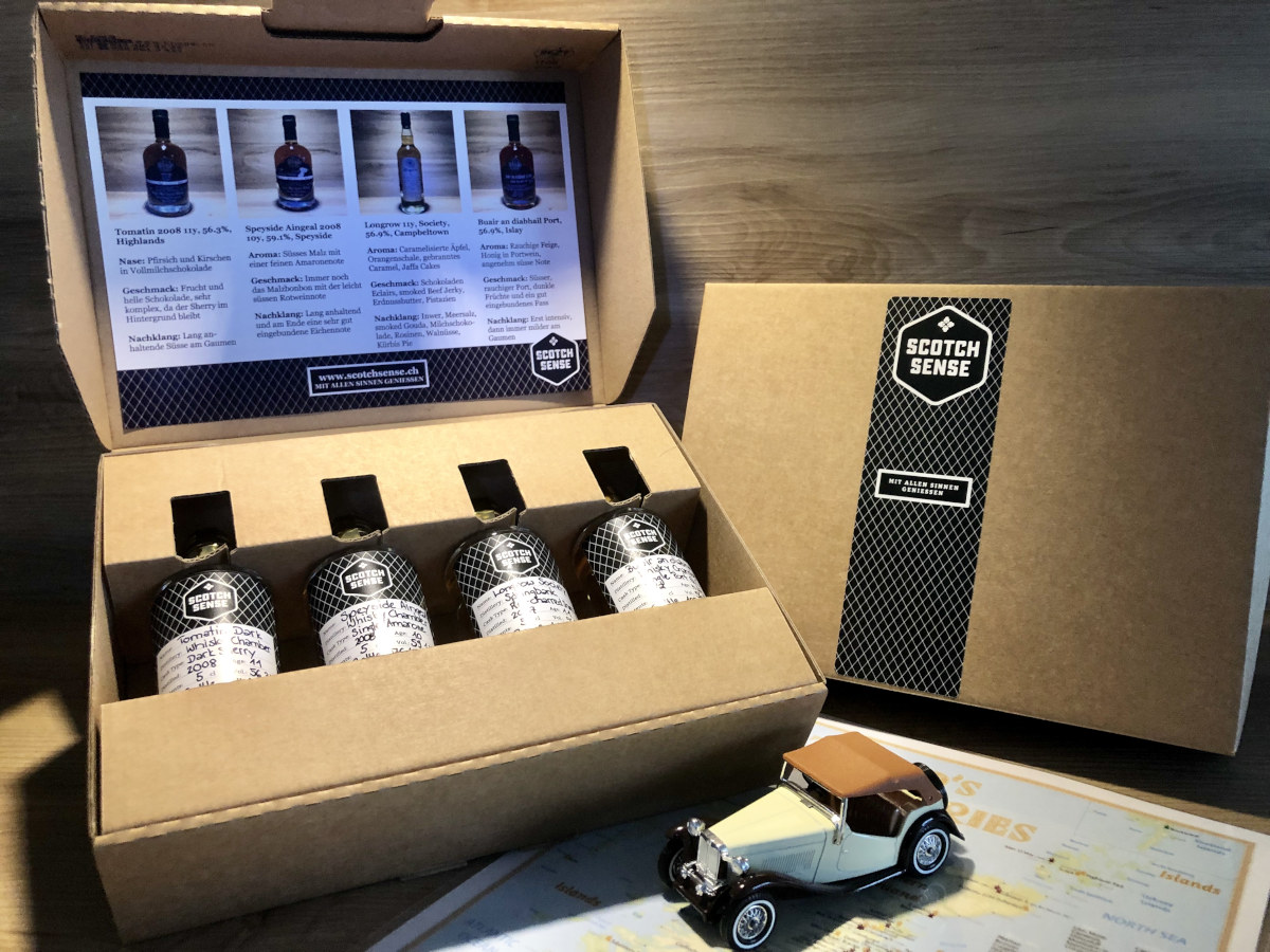 Whisky Geschenkset Regionen Schottland II, ScotchSense, Whisky Geschenkset kaufen, schottischer Whisky kaufen, Whisky teilen, Tomatin11y, SpeysideAingeal10y, Longrow11y Society, Buair an diabhail Port