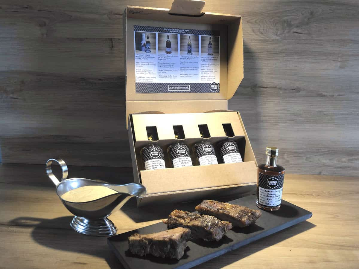 BBQ Whisky Tasting Set <br> Whisky Geschenkset <br> 46.5 - 58.2% <br> 4x5cl 2 BBQ Whisky Tasting Set, Whiskey BBQ Geschenkset, Scotch Sense Whisky online teilen und kaufen